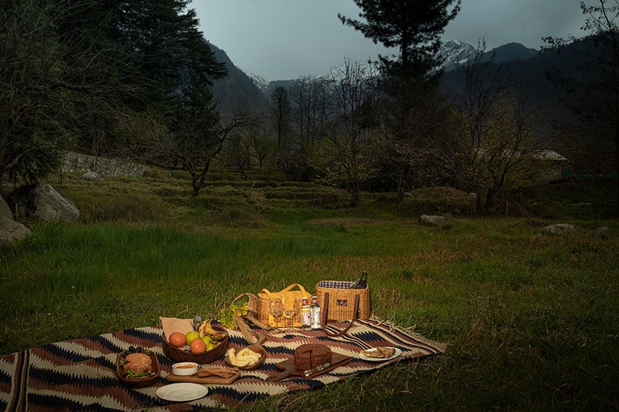 A spread of food laid out on a comfortable blanket on green grass with tall deodar trees and mountains in the background