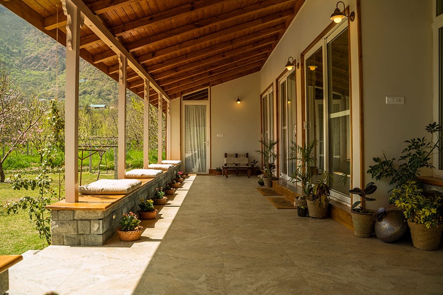 A serene porch overlooking a majestic mountain view